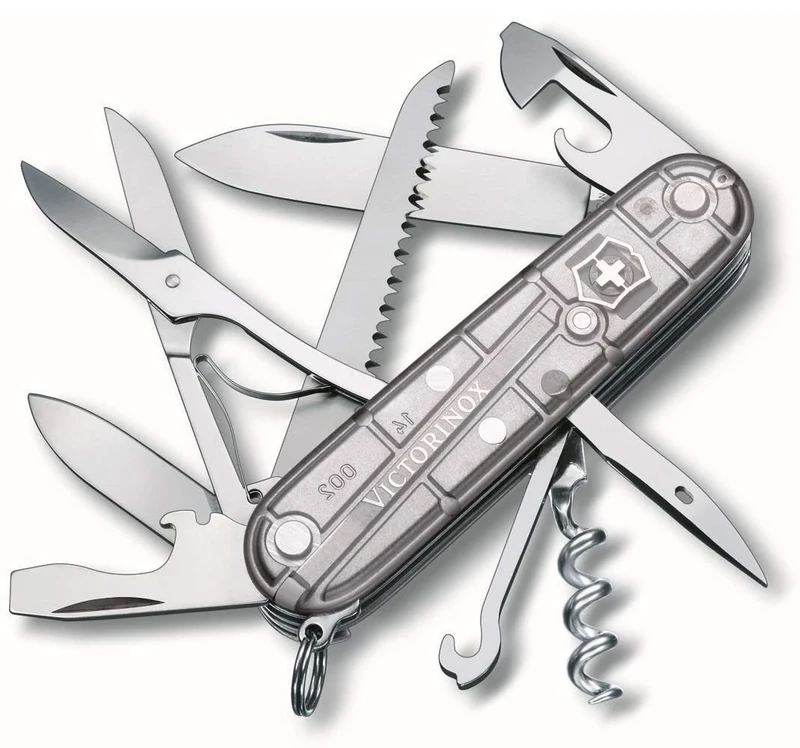 Victorinox Huntsman Swiss Army Knife, Medium, Multi Tool, Camping Knife, 15 Functions, Large Blade, Bottle Opener, Silver Transparent