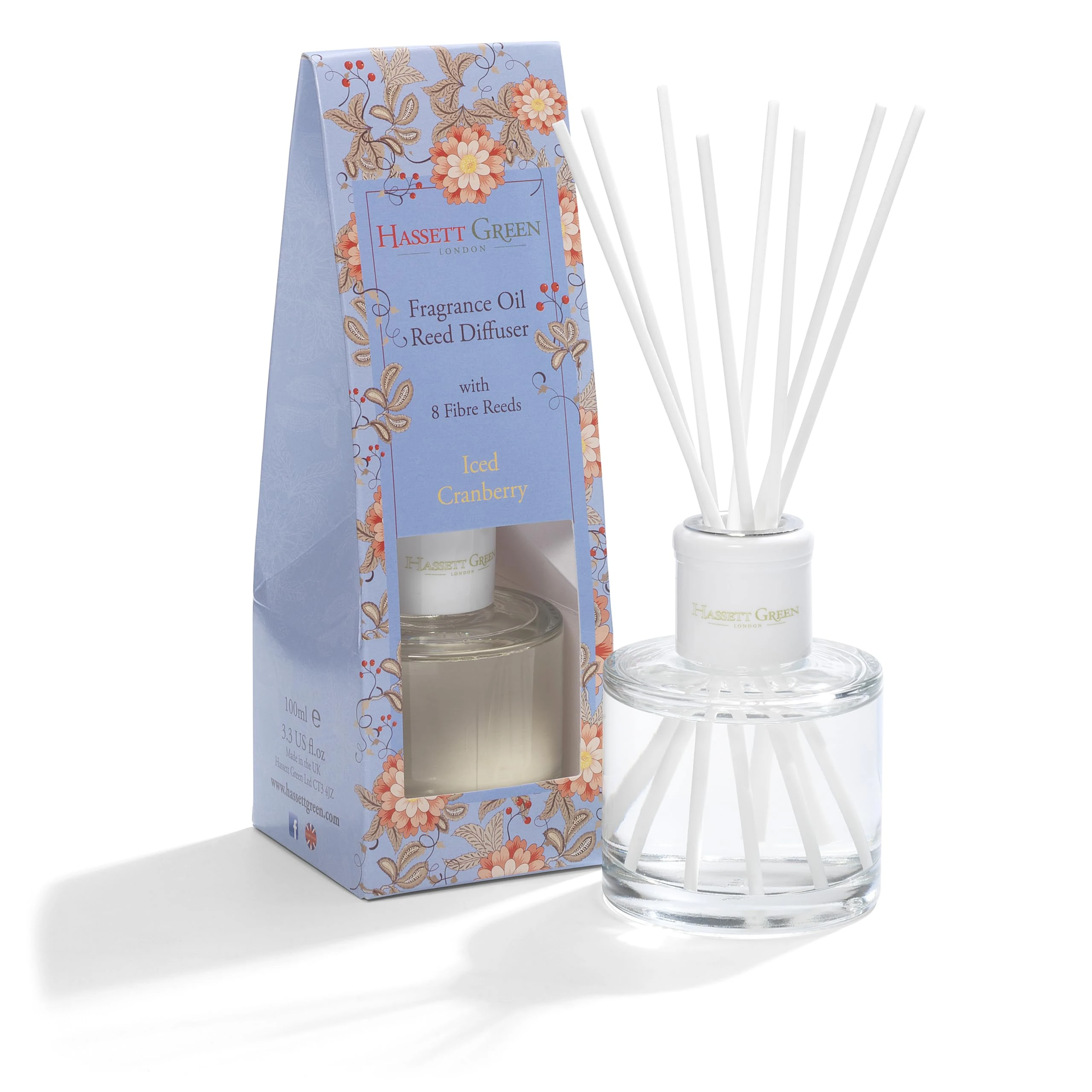 Hassett Green London Fragrance Oil Reed Diffuser - 100ml Glass Bottle with 8 Fibre Reeds - Iced Cranberry