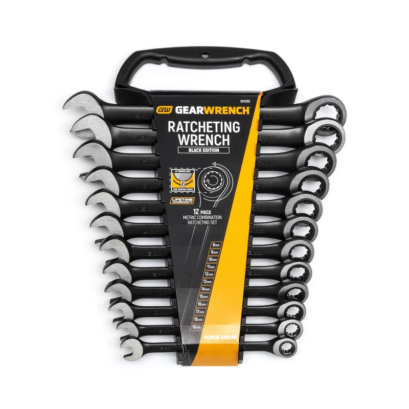 GearWrench 9412BE Combination Wrench with Ratchet Set Metric, Black, 8 - 19 mm, 12 pieces [Limited Edition] Ratchet Head
