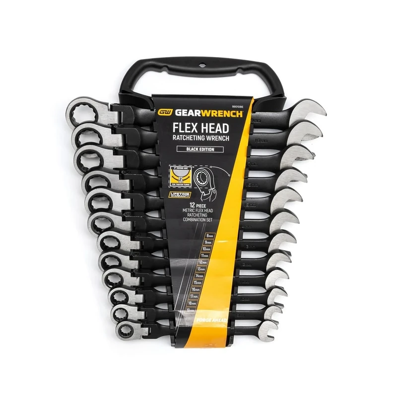 GearWrench 9901DBE 12 Point Flex Head Ratcheting Combination Metric Wrench/Spanner, Black, 8 - 19 mm, Set of 12 Piece