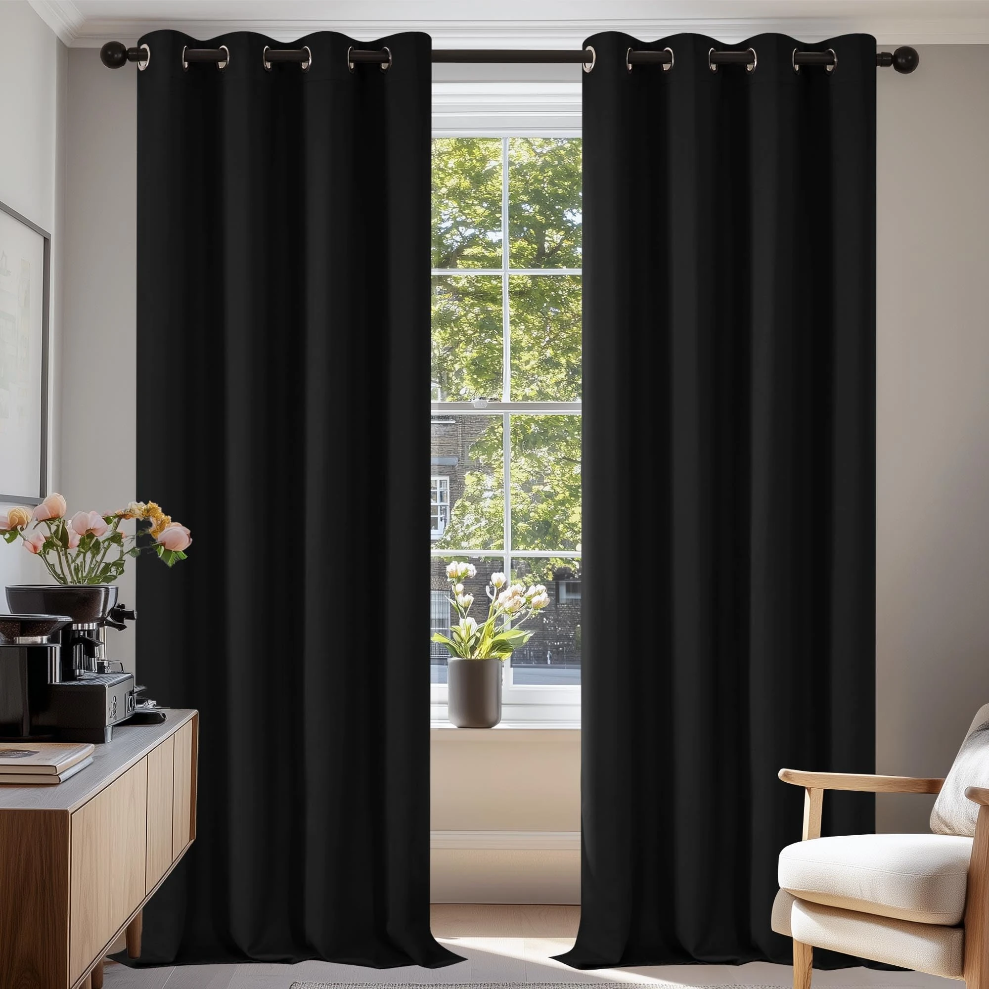 Deconovo Black Curtains Bedroom 52 x 84 Inch Thermal Insulated Energy Saving Eyelet Blackout Curtains for Living Room Black 1 PAIR