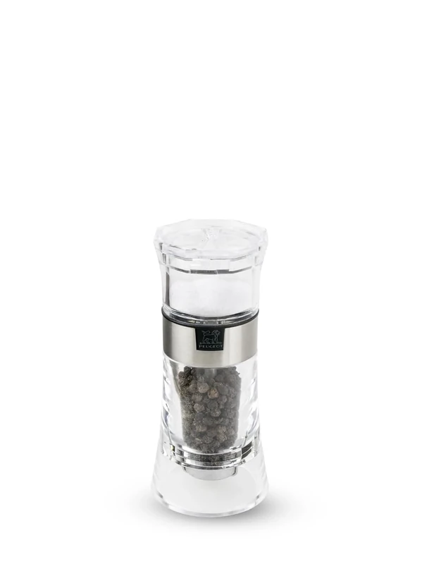 PEUGEOT - 2 in 1 Olso 11 cm Pepper Mill + Salt Shaker - Black Pepper Included - Made with PEFC Certified Wood, Stainless Steel and Acrylic - Made in France - Clear & Stainless Steel Colour