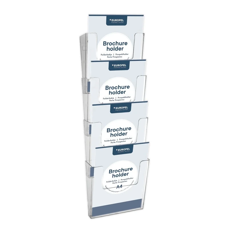 Europel-Wall Mounted Brochure Holder, Four Tier Dispenser, A4, Crystal Clear Acrylic, Connectable, Portrait, 350103.