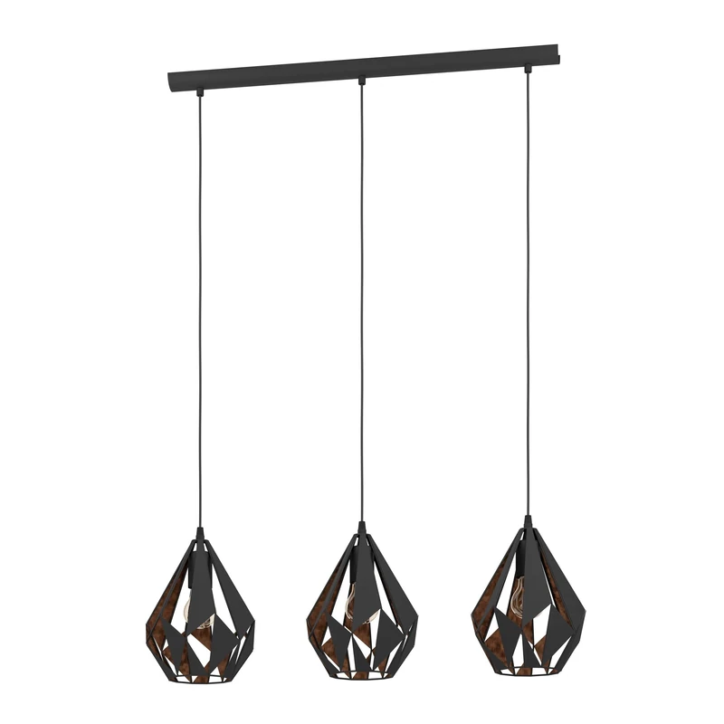 Eglo Carlton 1 Pendant Light, 3-Flame Vintage Ceiling lamp, Retro Steel Hanging Light, Colour: Black, Copper, Socket: E27