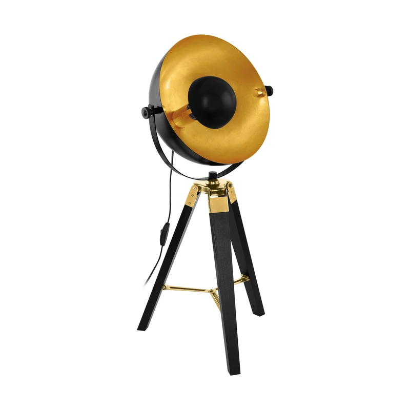 EGLO Covaleda Tripod Table Lamp, Wood and Steel Coloured in Brass, Black and Gold Vintage Bedside Light, Industrial Tripod Living Room Lighting With Switch, E27 Socket