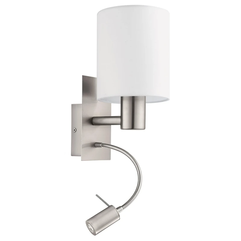 Eglo Pasteri LED Wall Light, Nickel Matt Steel and White Fabric Wall Lamp, E27 Socket, incl. Switch and Flexible Reading Lighting