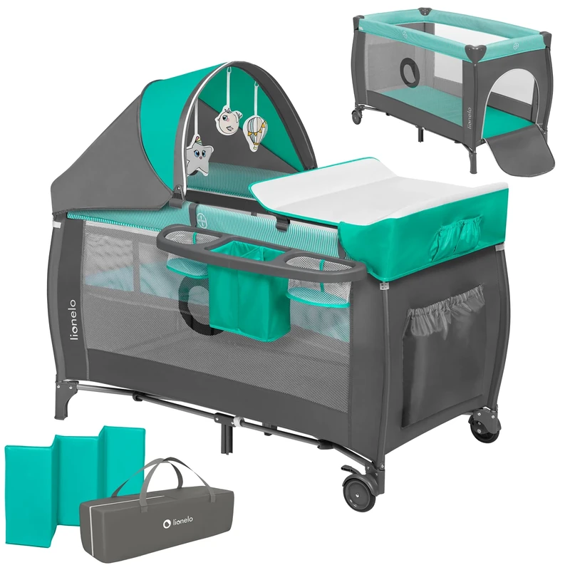 Lionelo Sven Plus 2in1 Travel Cot and Portable Baby Zone for newborns 0-36 Months Foldable with 2-level Heights, Changing Table, Mattress, Side Entrance Mesh Walls Mosquito Net Canopy Wheels Organiser