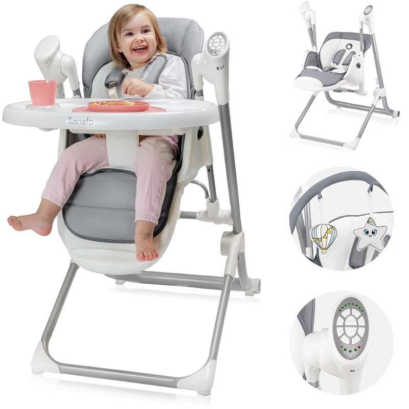 LIONELO Baby High Chair Niles 2 in 1 Baby Rocker/Swing & Adjustable Hight Chair, Recline, Swing Control via App, USB MP3 Player, 5-Point Harness, Removable Tray, Suitable from Birth
