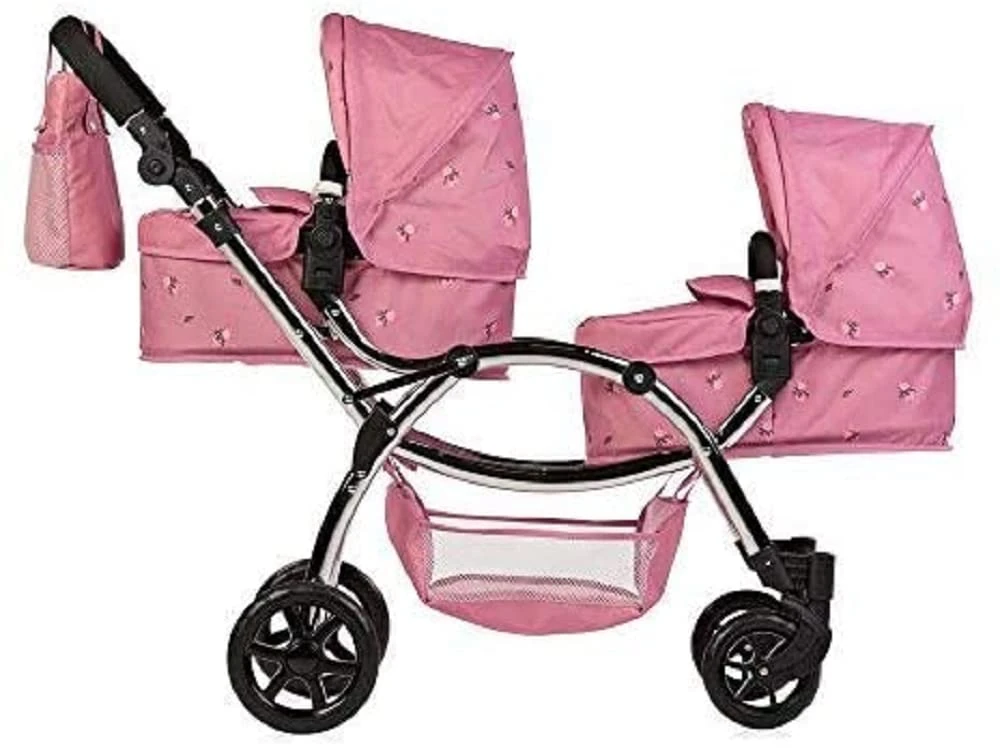 Roma Darcie Twin Dolls Pram in Pink with Adjustable Handle,Dolls Pushchair, Lightweight Dolls Double Buggy, Twin Pram for 3-16 Years, Fits 18 Inch Dolls, Ideal For Christmas, Birthdays and Reborns