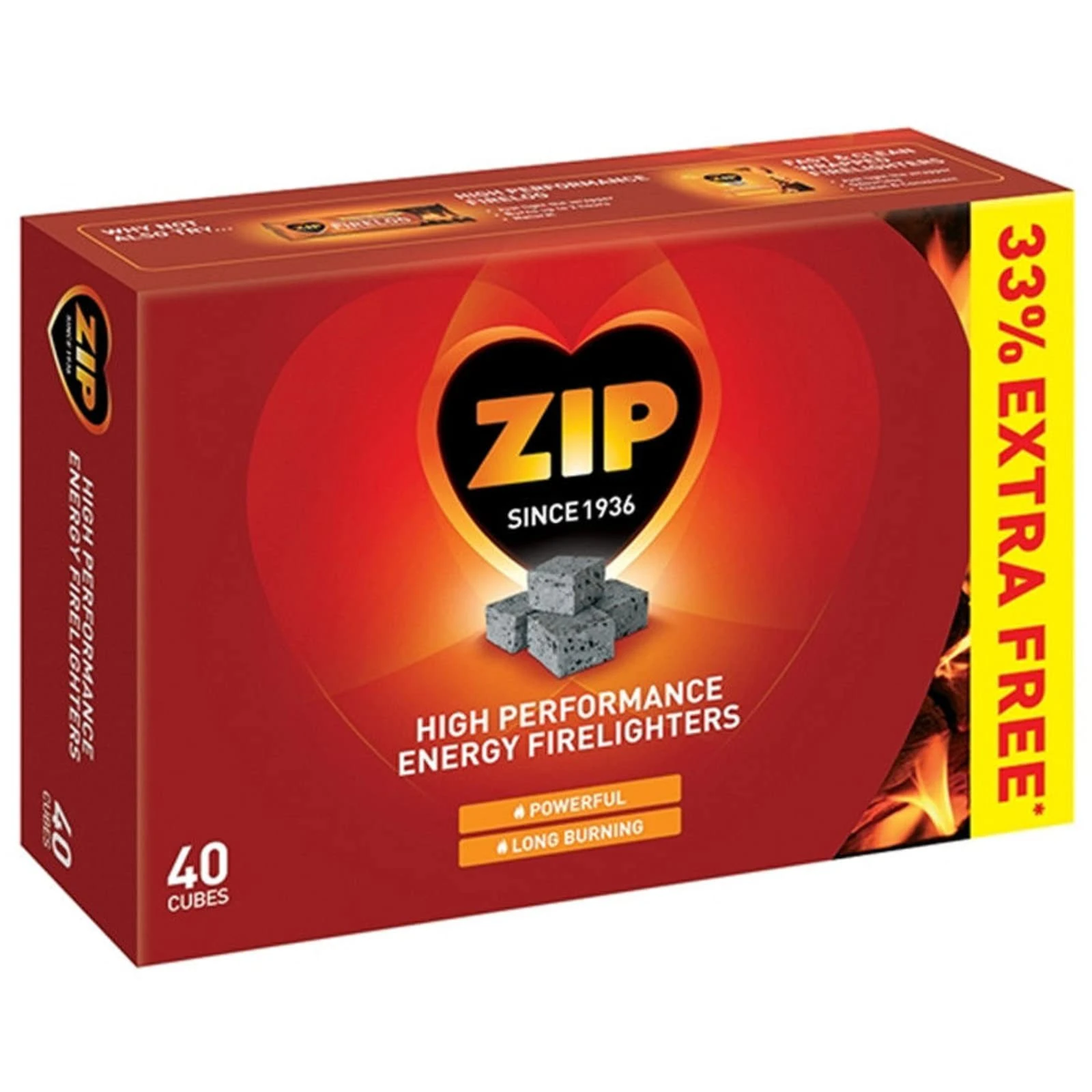 12 X Packs of 40 Zip High Performance Energy Firelighters Stove Wood burner Logs Fire Logs 480 Cubes