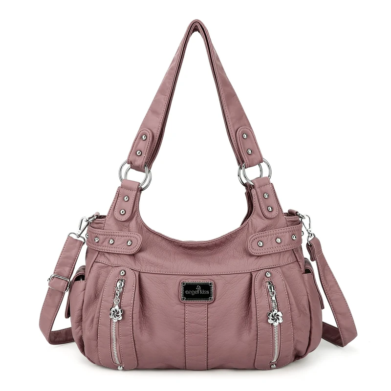 Angel Kiss Large Purses and Handbags for Women Washed Faux Leather Crossbody Hobo Satchel Shoulder Handbag Tote Purse, Pink-2, L