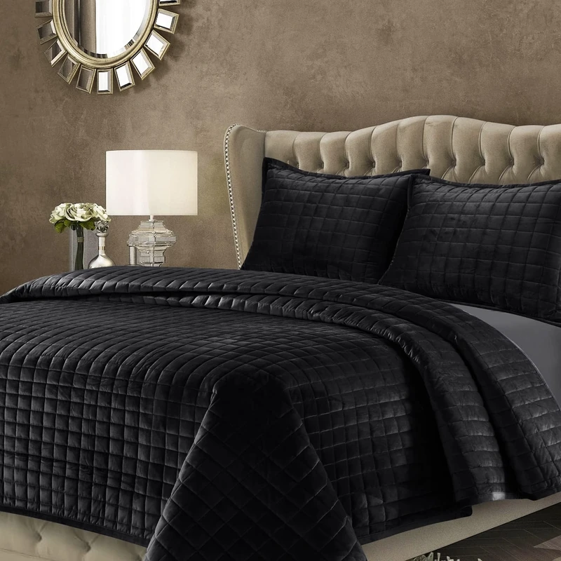 Tribeca Living Florence Velvet Oversized Solid Quilt Set, Polyester, Black, King