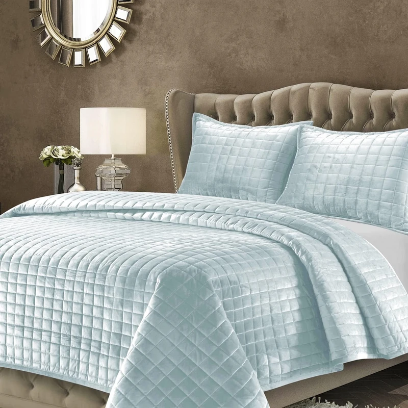 Tribeca Living Florence Velvet Oversized Solid Quilt Set, Haze Blue, King