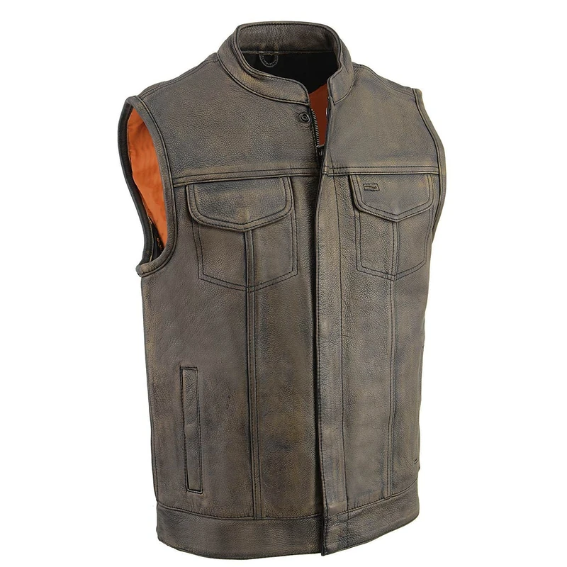 Milwaukee Leather Men's Distressed Brown Open Neck Snap/Zip Front Club Style Vest-BLK/BEIGE-2X-LARGE (Black/Beige, XX-Large)