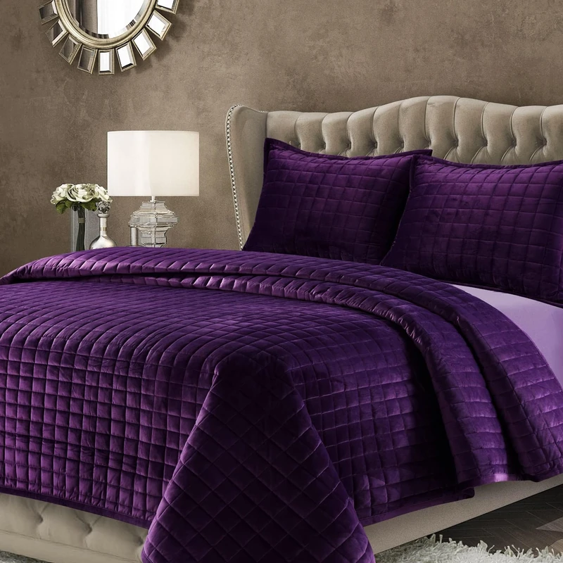 Tribeca Living Florence Velvet Oversized Solid Quilt Set, Purple, King