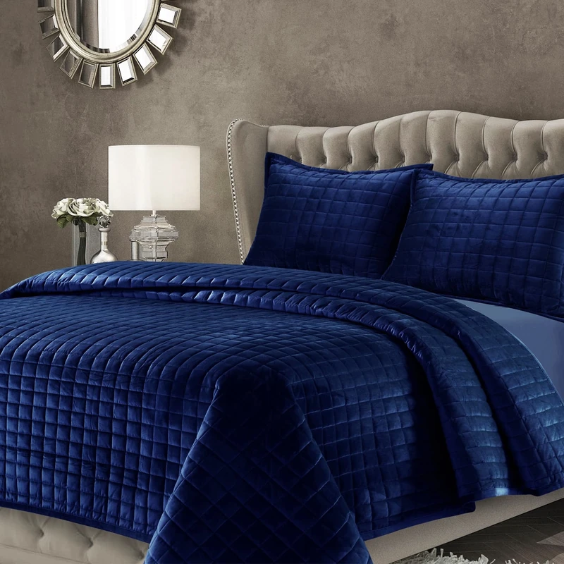 Tribeca Living Florence Velvet Oversized Solid Quilt Set, Navy Blue, Twin