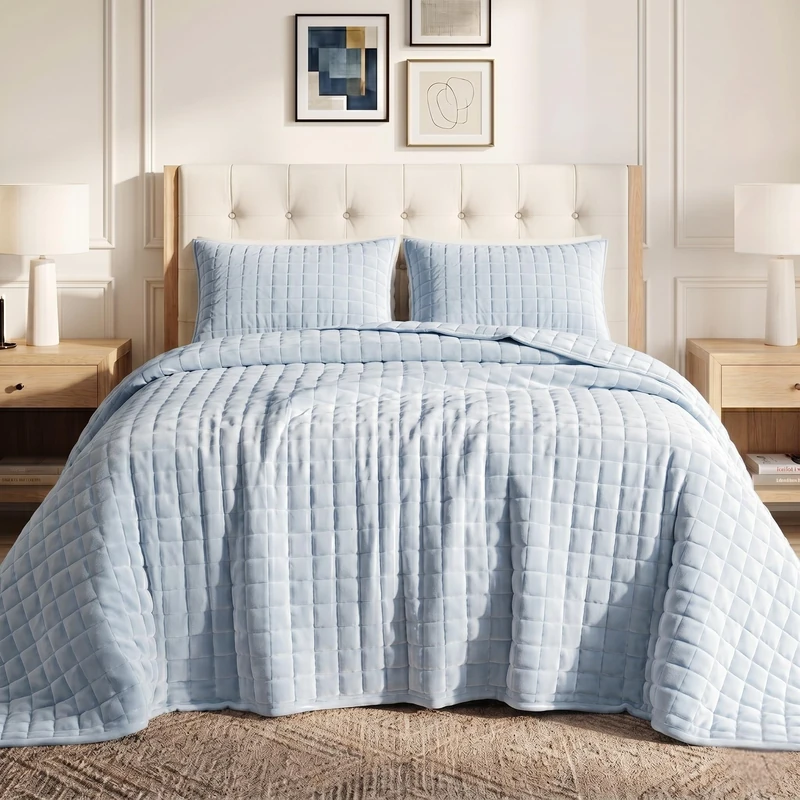 Tribeca Living Florence Velvet Oversized Solid Quilt Set, Polyester, Haze Blue, Queen
