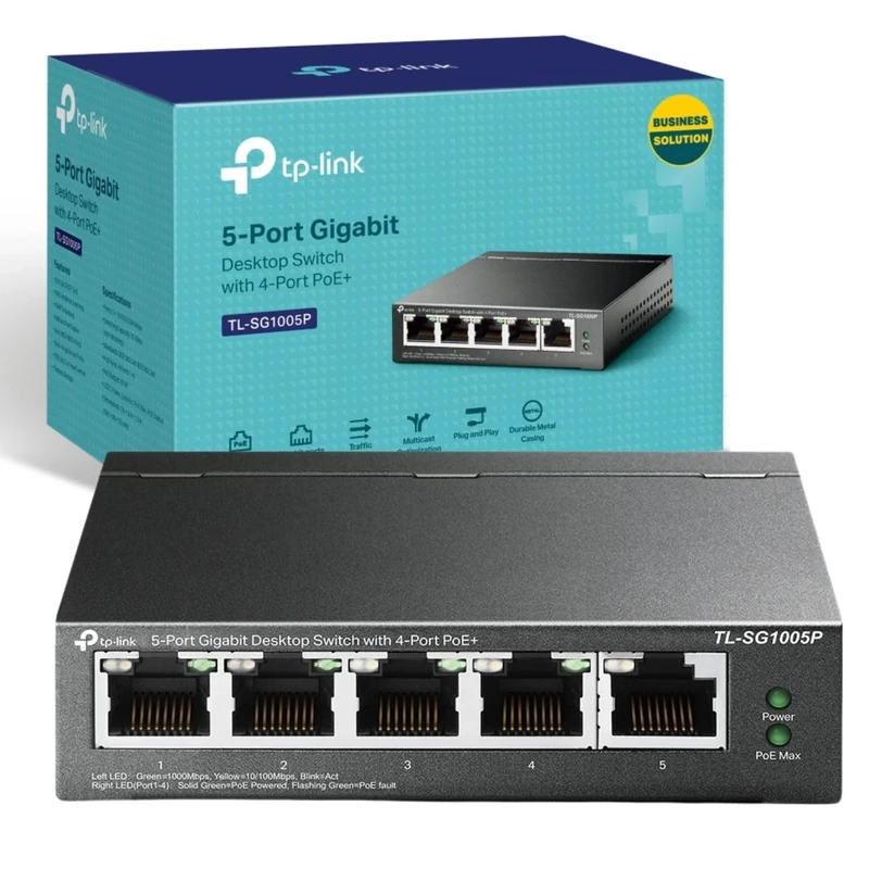 TP-Link TL-SG1005P 5-Port Gigabit Desktop PoE Switch with 4-Port PoE+, Professional High-Power Ehernet Splitter Extender, QoS for Traffic Prioritization, Intelligent Power Management, Metal Casing