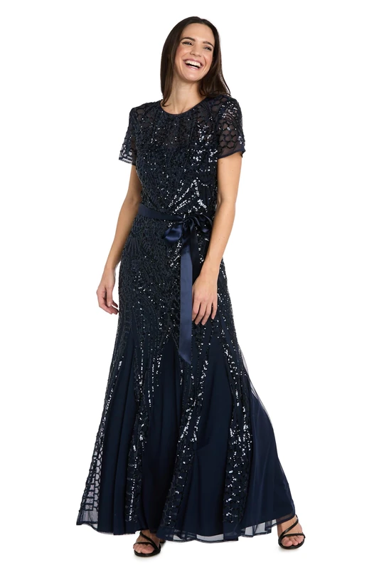 R&M Richards Women's One Piece Short Sleeve Embelished Sequins Gown Dress, Navy, 16