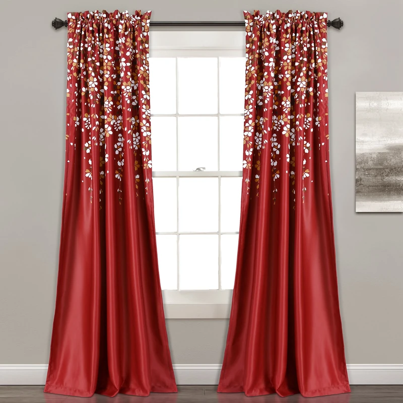 Lush Decor Weeping Flowers Darkening Window Curtains Panel Set for Living, Dining Room, Bedroom (Pair), 52" W x 84" L, Red