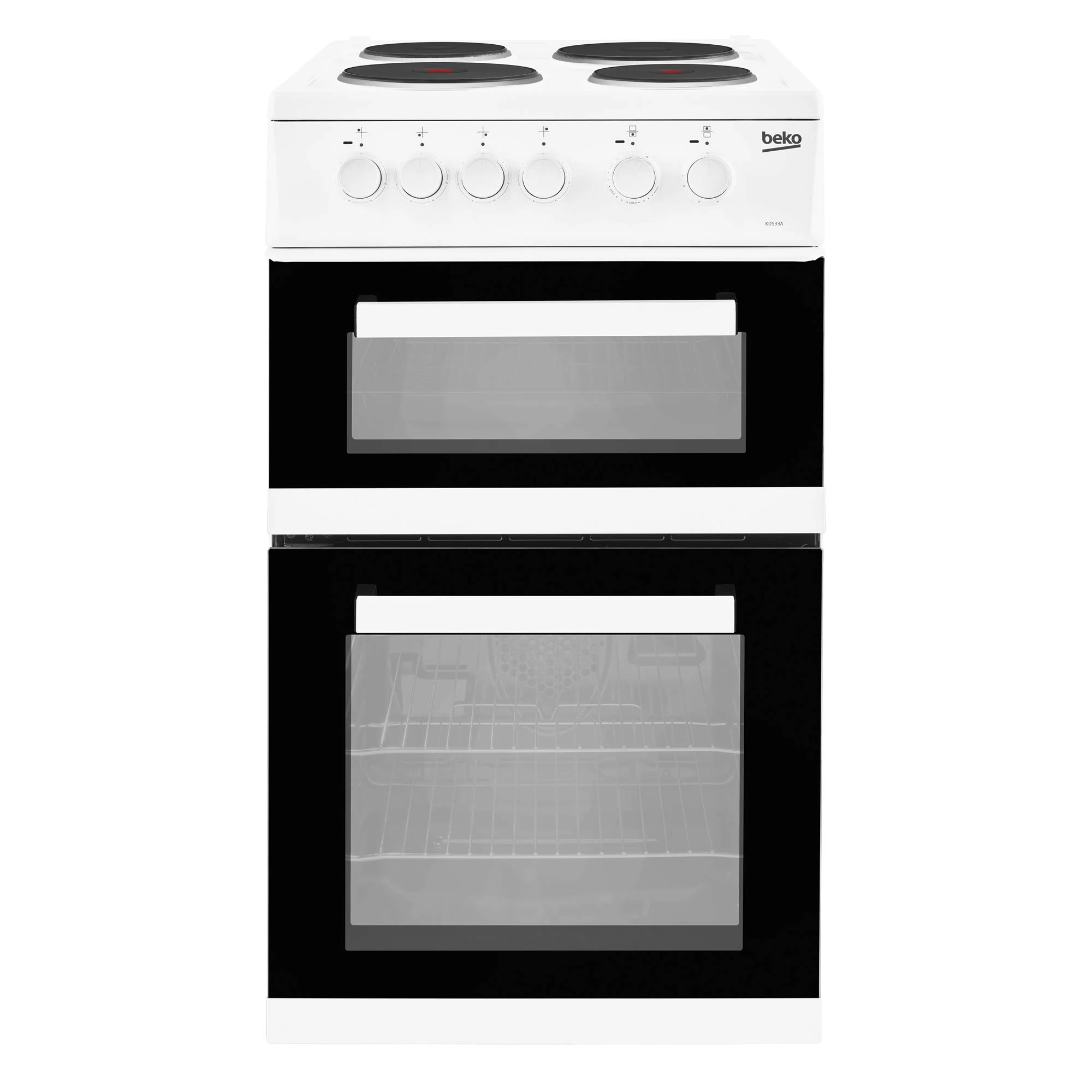 Beko KD533AW 50cm Twin Cavity Electric Cooker in White 4 Hotplate Burners