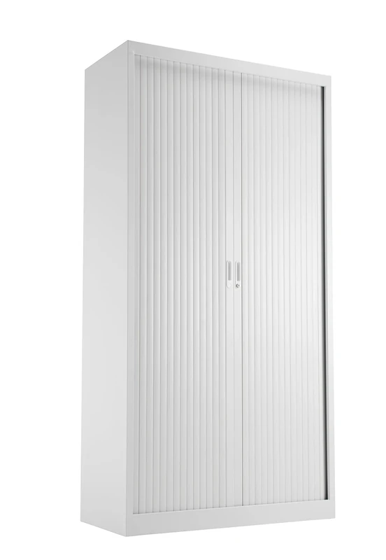 Office Hippo Steel Tambour Cupboard, Fully Lockable Cabinet, Side Opening Metal Storage With 4 Height Adjustable Shelves, Metal Cabinet With 50kg Load Capacity Per Shelf - White