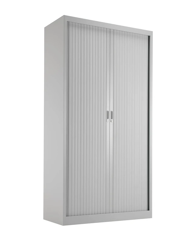Office Hippo Steel Tambour Cupboard, Fully Lockable Cabinet, Side Opening Metal Storage With 4 Height Adjustable Shelves, 195 cm High, Grey Metal