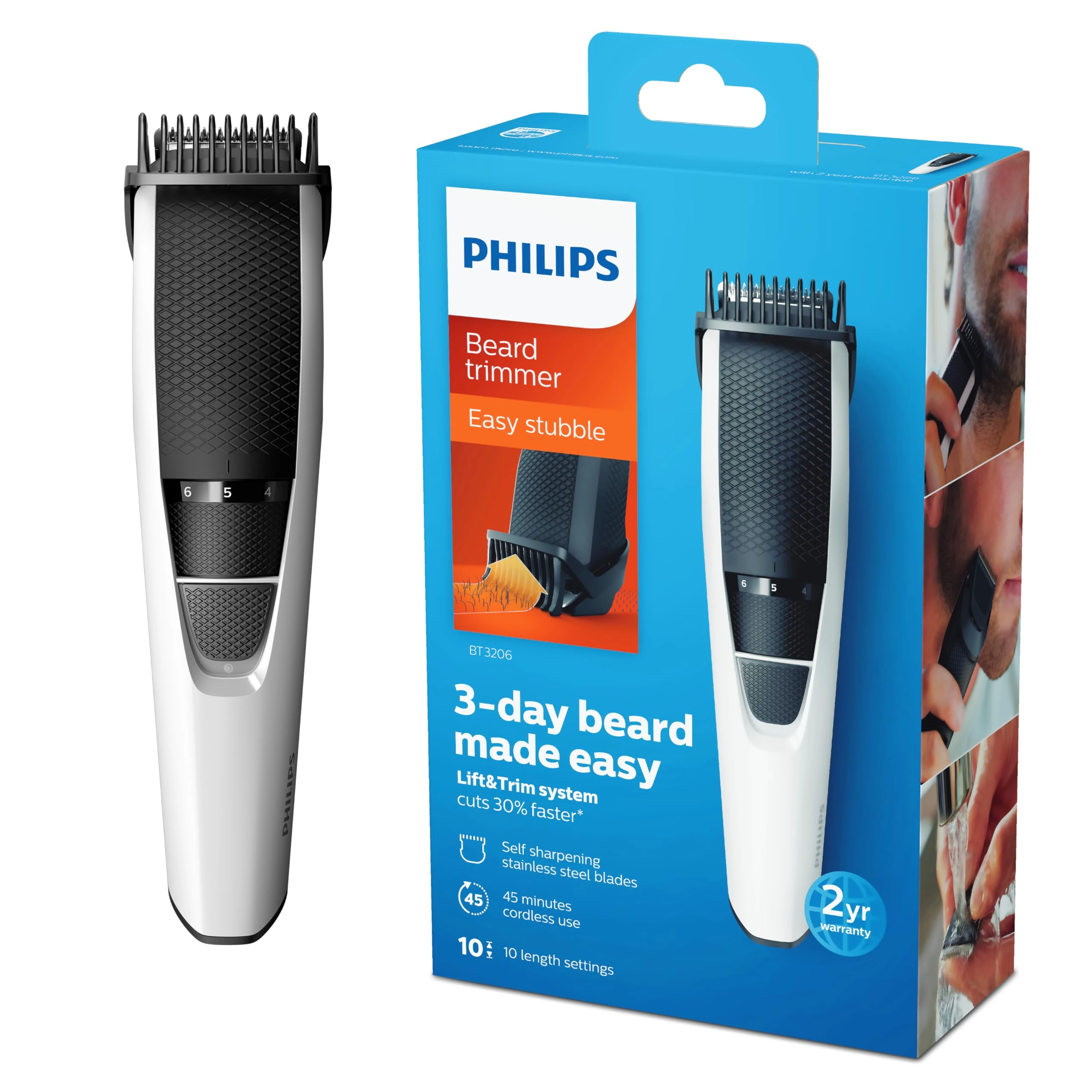 Philips Beard Trimmer Series 3000 with Lift & Trim PRO system (Model BT3206/13),White/Black, Packaging may vary