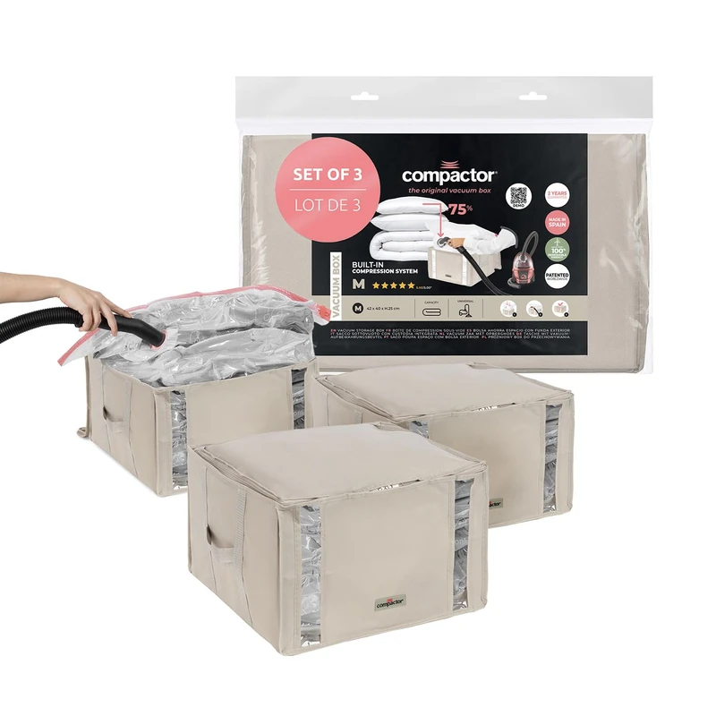 COMPACTOR - Set of 3 vacuum storage bags Size M - 42 x 40 x H27 cm - Beige - Compression with vacuum cleaner - Patented valve - Large capacity - Protected linen
