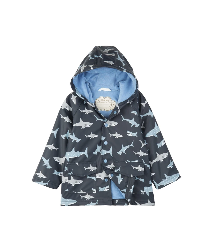 Hatley Boys Printed Rain Jacket, Blue (Shark Frenzy), 8 Years