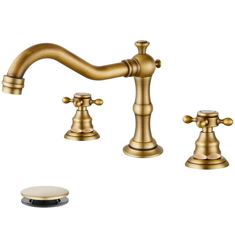 gotonovo, Basin Tap with Two Handles with 3 Holes, Cross Handles, Mixer Tap and Matching Drain Fitting for Bathroom, Antique Brass