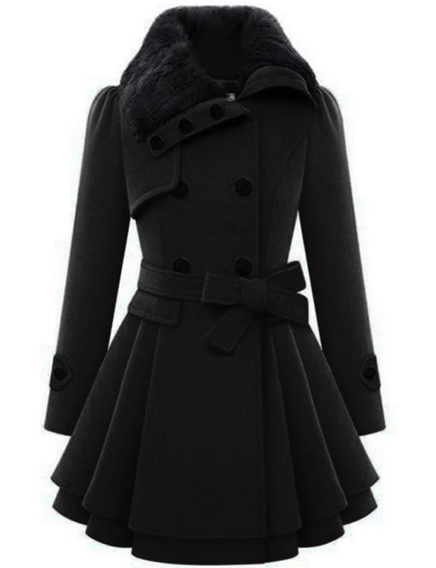 Zeagoo Women's Fashion Faux Fur Lapel Double-breasted Thick Wool Trench Coat Jacket - Black -