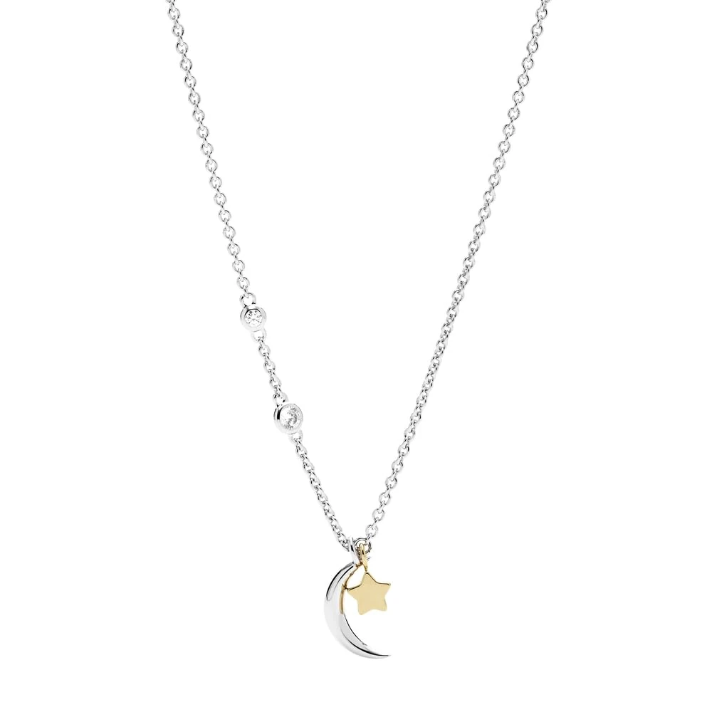 Fossil Necklace for Women , Total Length: 420mm + 50mm 2-Tone, Gold, Silver CZ, Sterling Silver Necklace, JFS00432998