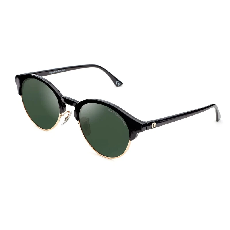 CLANDESTINE - Sunglasses Sferico 9 Black Gold Dark Green - Green Nylon HD Lenses and PC+ & Stainless Steel Frame - Unisex Sunglasses - Smart Vision Technology - More Sharpness and Less Glare