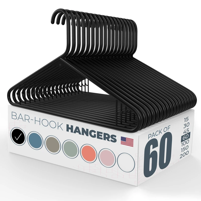 60pk Made in USA Strong Plastic Clothes Hangers Bulk | 20 30 50 100 Pack Available | Laundry Clothes Hanger | Coat Hangers Plastic | Heavy Duty Plastic Hanger for Closet and Clothing Hangars (Black)