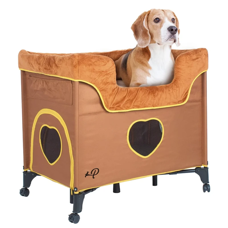 PETIQUE Bedside Lounge Pet Bed, Bunk Bed for Medium Size Pets, Raised Lounge Bed for Cats & Dogs, Lion’s Den Design,Brown, 39.0" L x 22.5" W x 33.5" Th