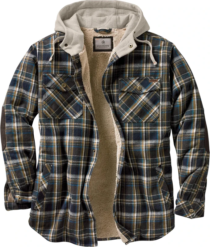 Legendary Whitetails Men's Tall Size Camp Night Berber Lined Hooded Flannel Shirt Jacket, Upland Plaid, X-Large Tall