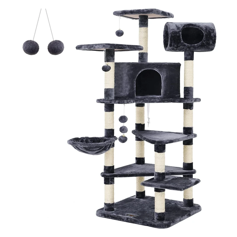 FEANDREA Multi-level Large Cat Tree Cat Furniture Cat Play House Smoky Grey PCT17G