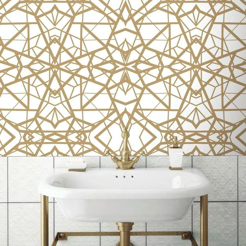 RoomMates RMK10687WP White and Metallic Gold Shattering Geometric Wallpaper Peel and Glue