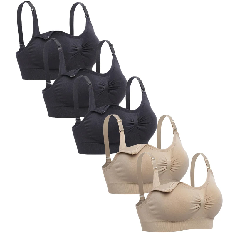 Lataly Womens Sleeping Nursing Bra Wirefree Breastfeeding Maternity Bralette Pack of 5, 3black2beige, M