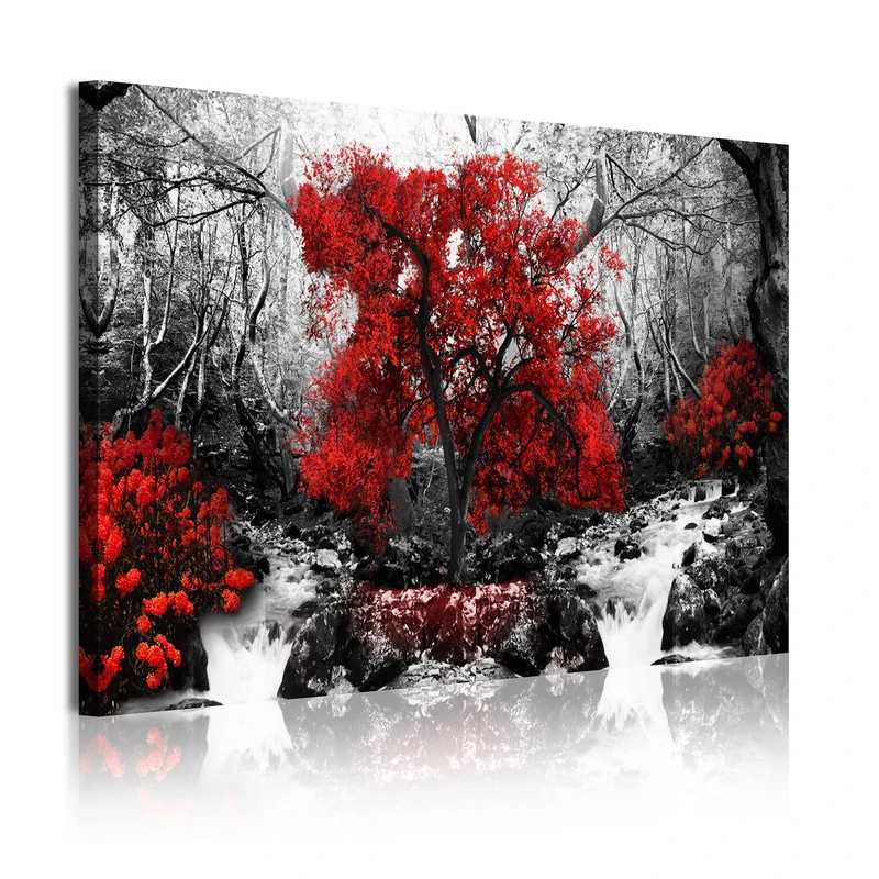DEKOARTE Modern Table with Design Nature Landscape with Tree, Fabric, Red, 3 X 120 X 80 cm