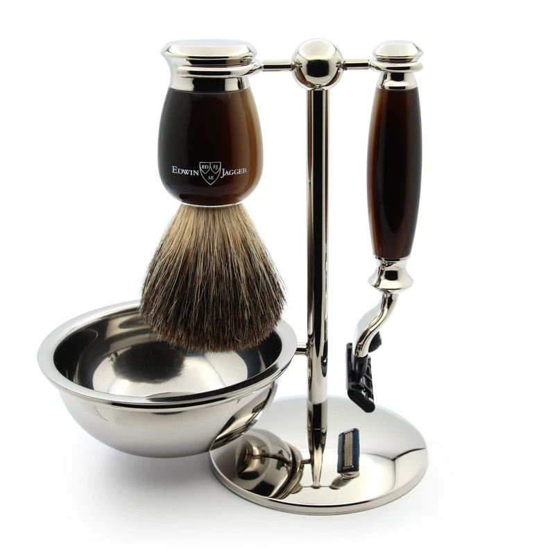Edwin Jagger S81M582BAMZ Imitation Light Horn & Nickel Classic Shave Set with Pure Badger Shaving Brush and Mach 3 Razor for Shaving Cream or Soap for Men