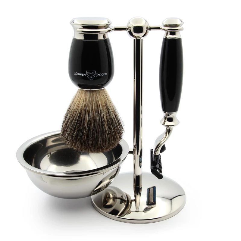 Edwin Jagger S81M586BAMZ Imitation Ebony & Nickel Classic Shaving Set with Pure Badger Shaving Brush, Mach 3 Razor and Shaving Bowl for Shaving Cream or Soap for Men and Women
