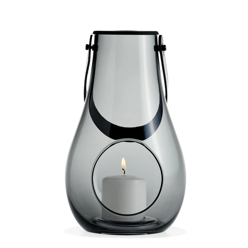 Holmegaard Design Candle Light Lantern, Glass Lantern with Core Leather Handle, Decorative Lanterns for Indoor and Outdoor Use, Smoke, 29 cm