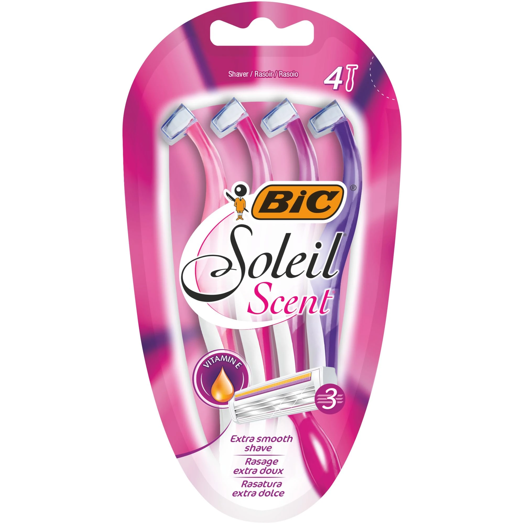 BIC Soleil Scent 3-Blade Lady Razor with Lubricating Strip for a Smooth shave and Easy Grip Handle, Pack of 4