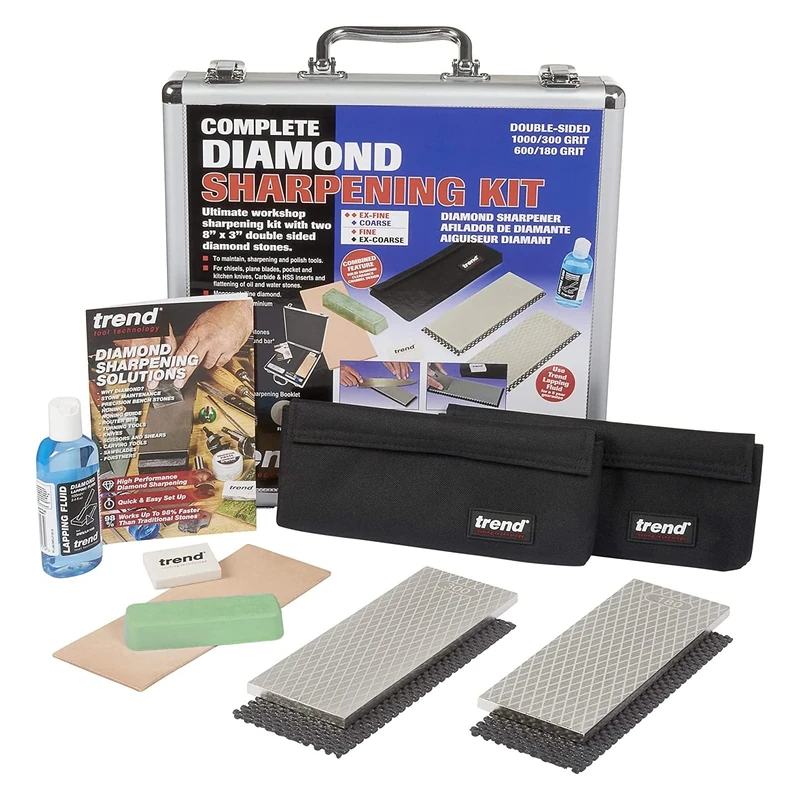 Trend Complete Diamond Sharpening Kit with 2x Diamond Bench Stones & Lapping Fluid, Honing Compound & Leather Strop, Accessories & Sharpening Solutions Guide, DWS/KIT/E