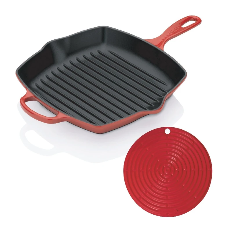 Le Creuset Signature Cast Iron Square Grillit, 26 cm and Silicone Cool Tool - Cerise
