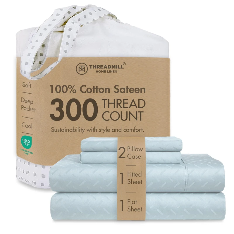 Threadmill Home Linen Jacquard 4-piece Astra Sheet Set collection, 300 Thread Count 100% long staple cotton King Sheet Set, Blue, Luxury Bedding, Smooth Sateen Weave with Jacquard design.