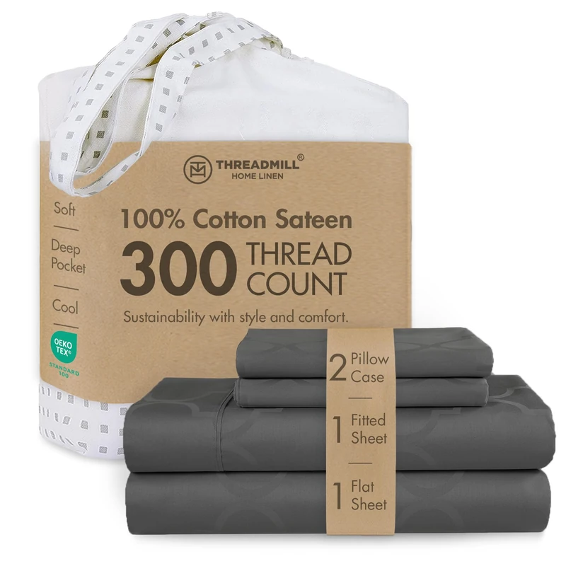 Threadmill 300TC Cotton King Sheet Set, Sateen, Damask, Dark Grey, 4-Piece