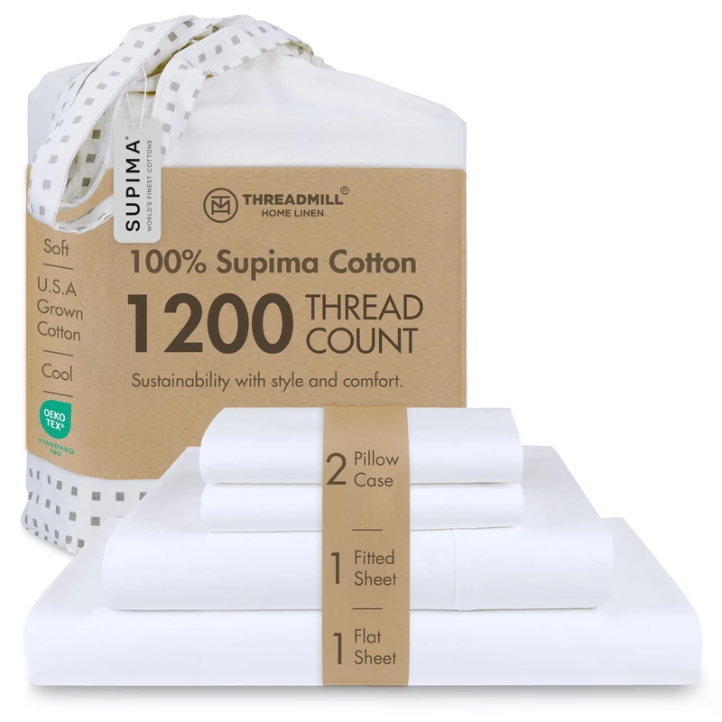 Threadmill Home Linen 1200 Thread Count 100% Supima ELS Cotton Sheet Set, Queen Sheet, Super Luxury Bedding, Queen 4-Piece Set, White, Smooth Sateen Weave.